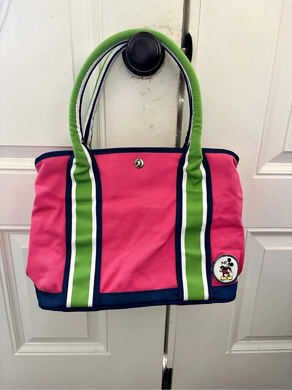 Vintage Disney Mickey Mouse Pink & Green Striped Canvas Tote Bag Clean - Picture 1 of 3